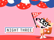 Cartoon fox mascot wearing glasses and holding an RNC pennant flag, with red white and blue bunting decorations and the text Night Three.