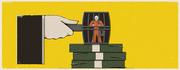 Editorial illustration showing a large hand inserting a key into a barrel-shaped cage holding a prisoner in an orange jumpsuit, sitting atop stacks of money.