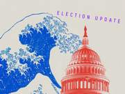 Editorial illustration showing a blue Great Wave off Kanagawa crashing toward a red-tinted US Capitol dome, with the text Election Update in purple.