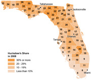 Choropleth map of Florida counties showing Huckabee's vote share in the 2008 primary, with counties shaded by four percentage ranges from less than 10% to 30% or more.