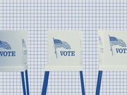 Editorial illustration showing a row of voting booths with American flags and the word VOTE on a blue grid background.