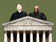Editorial composite image of two Supreme Court justices in robes standing behind the Supreme Court building facade with Equal Justice Under Law inscription.