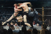 Oil painting depicting two boxers grappling in a ring with a referee and crowd of spectators watching, in the style of George Bellows.