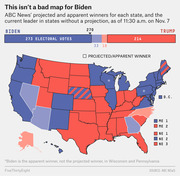 US electoral map showing ABC News projected and apparent winners by state as of Nov. 7, with Biden at 273 electoral votes and Trump at 214.