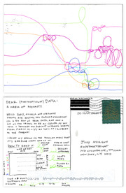 Hand-drawn postcard data visualization tracking a week of podcast listening habits using tangled earbud cord lines, with a legend explaining knot types, host gender, and listening duration.