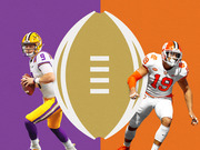 Editorial illustration showing an LSU player number 9 on a purple background facing a Clemson player number 19 on an orange background with a College Football Playoff logo between them.