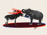 Editorial collage illustration of a donkey and elephant facing each other with red and blue scribbles, representing Democratic and Republican parties.