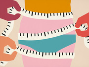 Editorial illustration showing multiple hands holding measuring tapes wrapped around a person's midsection, depicted in a colorful flat graphic style.