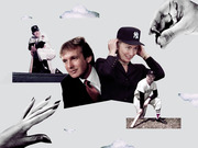 Editorial collage illustration featuring a young Donald Trump, a woman in a New York Yankees cap, two baseball players, and stylized hands against a cloudy gray background.