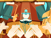 Editorial illustration of a robot dancer on a wooden stage being applauded by an audience while musicians play saxophone and cello on either side.
