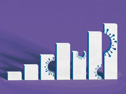 Stylized editorial illustration showing white 3D bar chart columns of increasing height with coronavirus spike proteins embedded in them against a purple background.