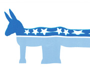 Editorial illustration of the Democratic Party donkey symbol in blue with a stars-and-stripes banner across its body.