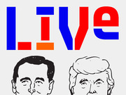 Editorial illustration showing the word LIVE in bold red and blue letters above line-drawing portraits of two political figures.