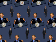 Repeating tiled pattern of Barack Obama photos showing him at a presidential podium and standing in a suit, arranged on a blue background.