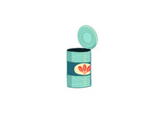 Simple editorial illustration of an open teal tin can with a decorative label, shown on a white background.