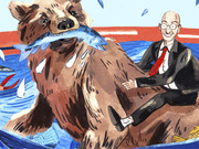 Editorial illustration of a bald man in a suit riding a large bear catching fish in a pool of water.