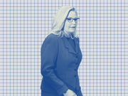 Blue-tinted editorial illustration of a woman in a blazer with glasses against a grid background, styled in FiveThirtyEight's signature duotone photo treatment.
