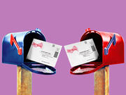 Editorial illustration showing a blue and a red mailbox facing each other, each containing an Official Election Mail ballot envelope, on a purple background.