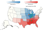 US map showing percentage of respondents identifying each state as Midwest (blue) or South (red), with geographic centers marked, based on 94 Midwest and 32 South respondents.