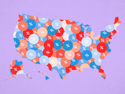 Decorative illustration of a US map filled with red and blue circles bearing percentage signs, suggesting a political or statistical data theme without showing actual values.