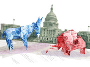 Editorial illustration showing origami Democratic donkey and Republican elephant made from US currency bills, facing off in front of the US Capitol building over campaign finance documents.