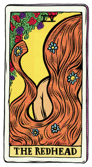 Illustrated tarot card styled image titled The Redhead featuring flowing red hair, blue flowers, and colorful roses in a decorative editorial art style.