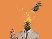 Surreal editorial illustration of a suited figure with a pineapple for a head, its top exploding off with juice splashing on an orange background.