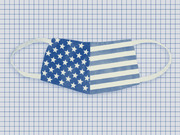 An American flag-patterned face mask with stars and stripes design, displayed against a light blue grid background.