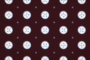 Repeating pattern of sad face emoji icons in blue and white with red X marks on a dark maroon background.