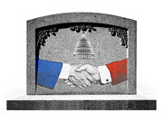Editorial illustration of a gravestone engraved with a bipartisan handshake between blue and red suited figures in front of the US Capitol dome.