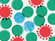 Editorial illustration showing red coronavirus particles among green and blue circles on a light background, representing virus spread or immunity concepts.