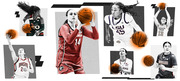 Editorial collage of seven women's college basketball players in black-and-white with orange-highlighted basketballs, representing teams including Georgia, LSU, Ohio State, Miami, Georgia Tech, Kansas, and Cougars.