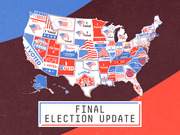 Illustrated map of the United States covered with red, white, and blue I Voted stickers from each state, titled Final Election Update.