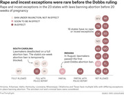 Infographic showing rape and incest exceptions in 23 states with abortion bans before 20 weeks, categorized by exception type and legal status after the Dobbs ruling.
