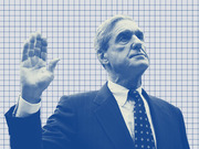 Blue-tinted editorial illustration of a man in a suit raising his right hand as if taking an oath, set against a grid-paper background.