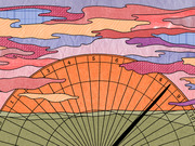 Colorful editorial illustration showing a stylized sundial or protractor arc with numbered segments rising above a horizon, set against a patterned sky of layered clouds.