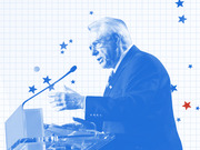Blue-tinted editorial photo illustration of a man speaking at a podium, overlaid on a grid background with scattered blue and red stars.