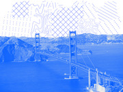 Blue-tinted editorial illustration of the Golden Gate Bridge overlaid with abstract data-visualization pattern motifs including grids, dots, and contour lines.