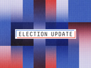 Decorative editorial header graphic with red, white, and blue pixelated grid background and a central label reading Election Update.