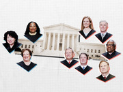Editorial collage illustration showing the nine U.S. Supreme Court justices arranged around an image of the Supreme Court building.