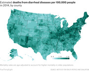 Choropleth map of the US showing estimated deaths from diarrheal diseases per 100,000 people in 2014 by county, with darker teal indicating higher rates.