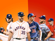 Editorial illustration showing five MLB pitchers from the Houston Astros and Washington Nationals against an orange-red background, likely for a World Series preview.