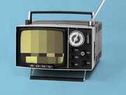 Vintage Sony portable television with antenna on a blue background, screen showing pixelated color bars as decorative editorial illustration.