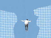 Editorial collage illustration of a person falling through a gap between two broken grid or net panels on a blue background.
