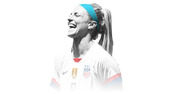 Stylized black-and-white editorial illustration of a smiling female soccer player wearing a USA national team jersey with a teal headband.