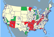 US map showing congressional districts highlighted in red and green across various states, likely indicating competitive or notable races.
