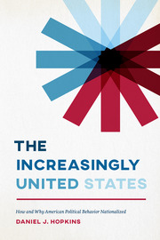 Book cover for The Increasingly United States by Daniel J. Hopkins, featuring a starburst design in blue and red with subtitle about American political behavior.