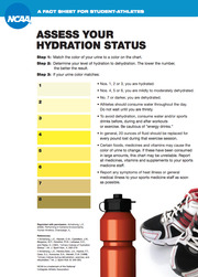 NCAA fact sheet for student-athletes showing a urine color chart numbered 1-8 from pale yellow to dark gold to assess hydration status, with guidance on hydration levels.