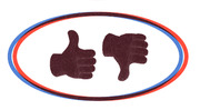 Thumbs up and thumbs down hand icons inside a red and blue oval border, suggesting approval and disapproval.