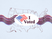 Editorial illustration showing an I Voted sticker with an American flag over an outline map of the United States, with red, white, and blue ribbon waves.